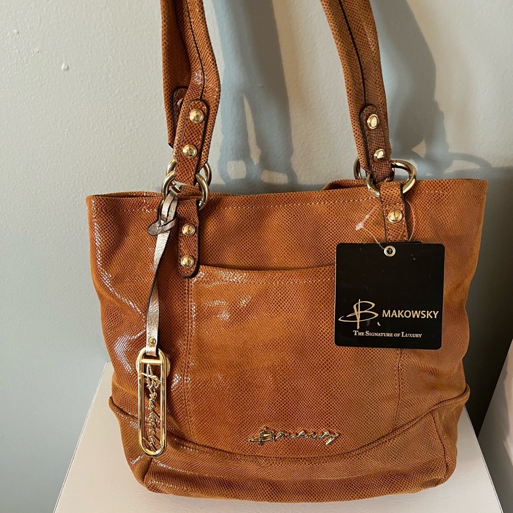 B. Makowsky Vintage Brown Leather Lizard Embossed Shiny Tote Bag